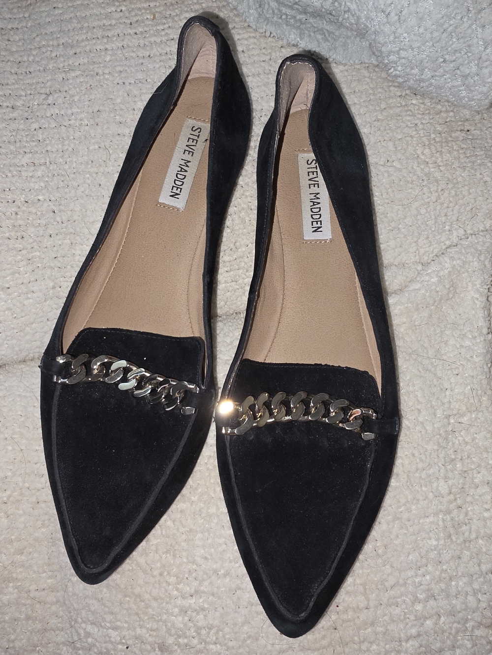 Steve Madden Black Suede Pointed Chain-Trim Flats